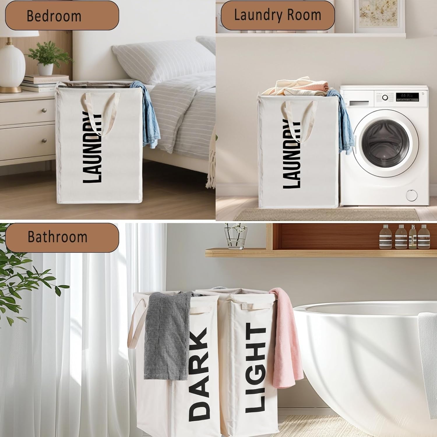 Tall Slim Double Laundry Hamper Beige 63L Foldable Basket with Handles