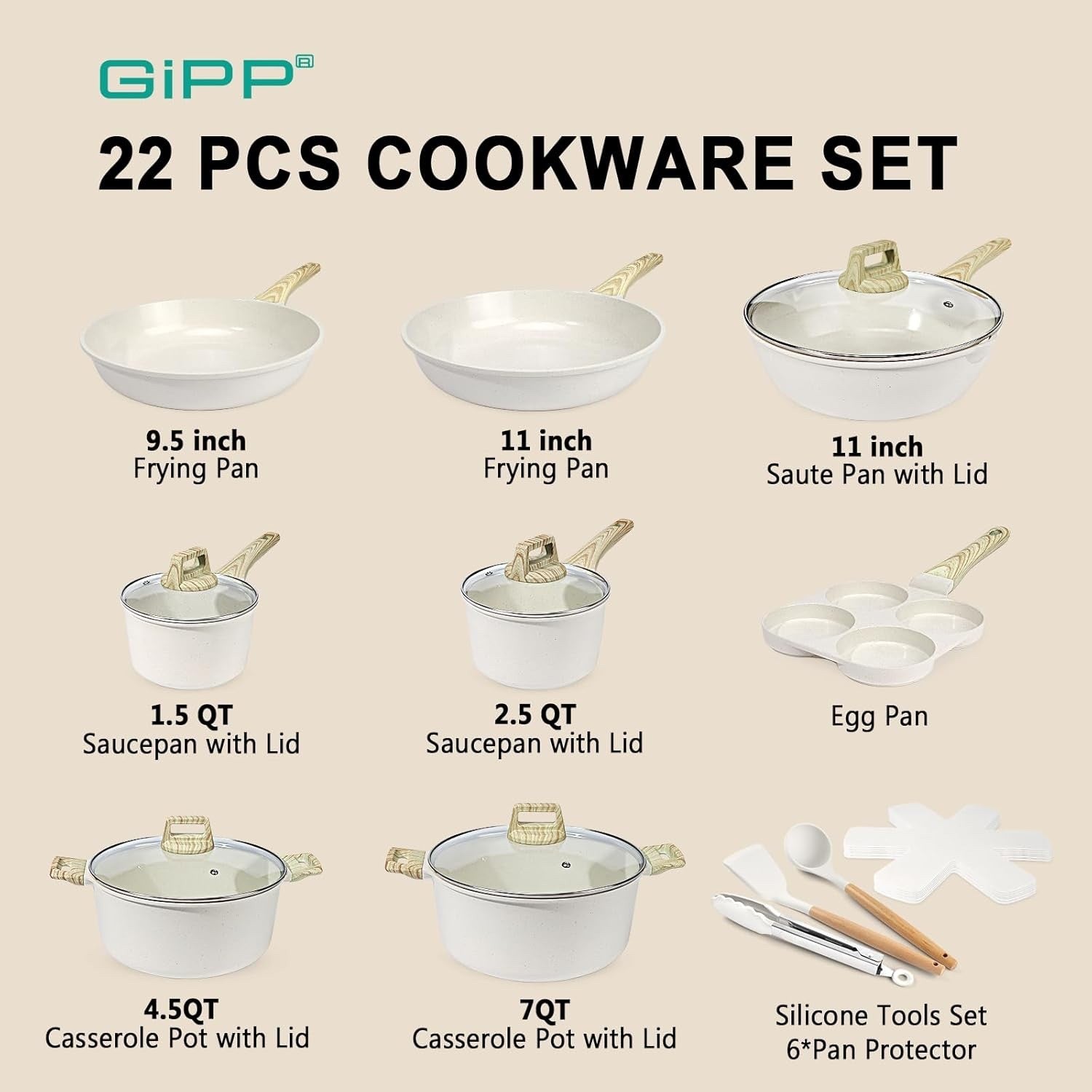 10Pcs Cream White Ceramic Non-Stick Cookware Set with Lids & Utensils, PFAS Free
