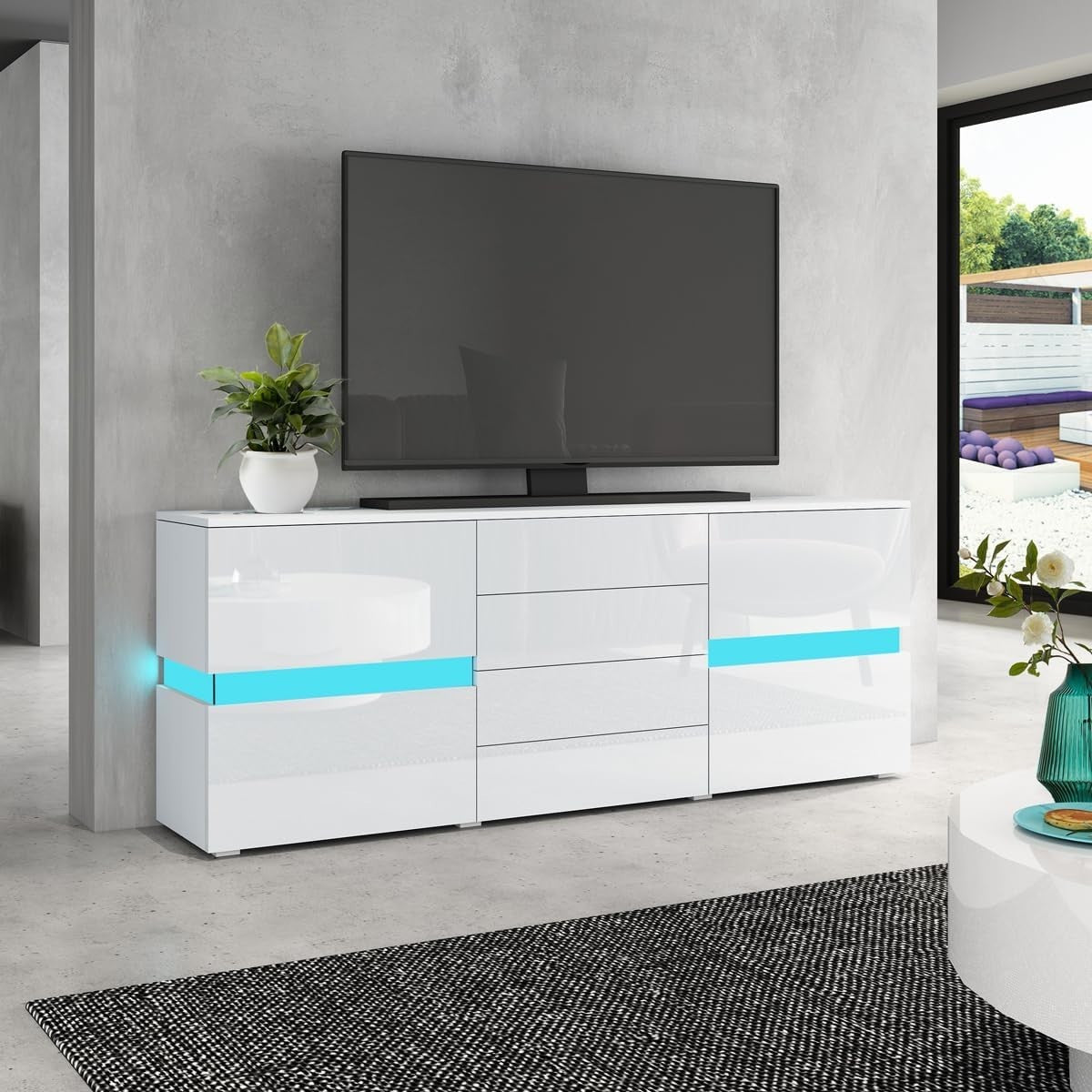 White LED Sideboard Cabinet High Gloss 2 Door 4 Drawer Storage Unit