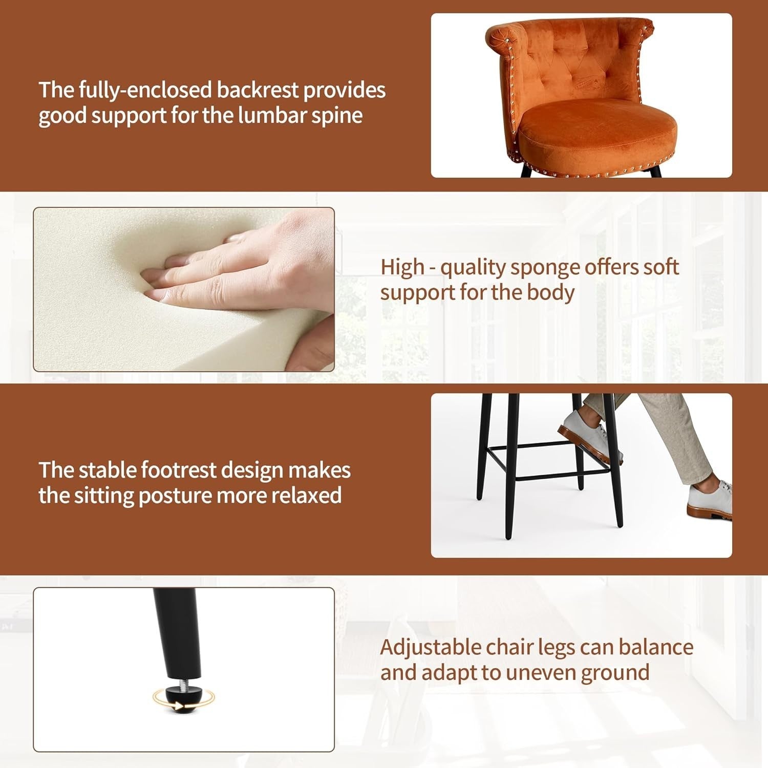 Swivel Bar Stools Set of 2 | Orange PU Leather L-Shaped Counter Chairs