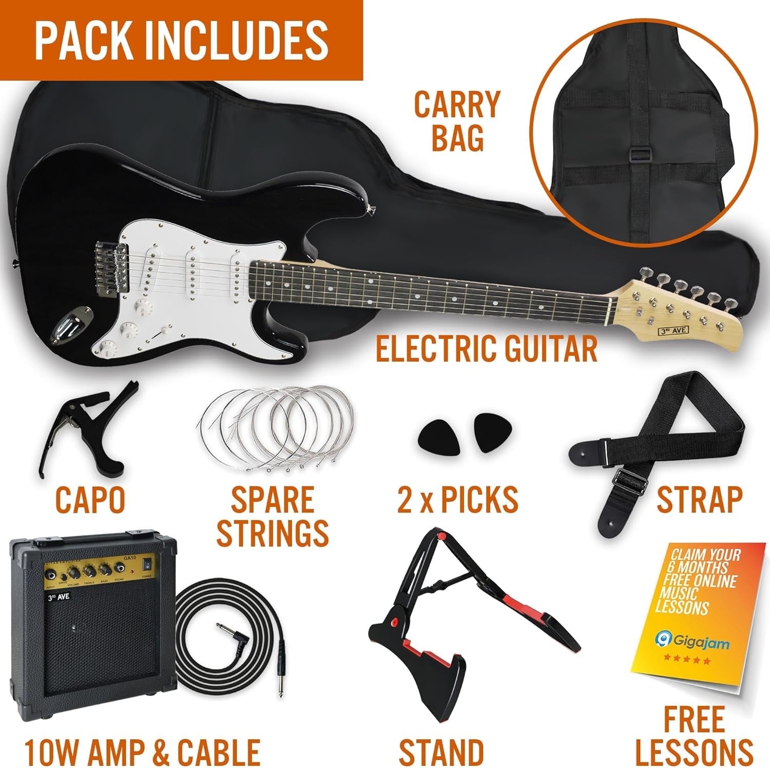 Full Size 4/4 Electric Guitar Starter Kit Amp Bag Black
