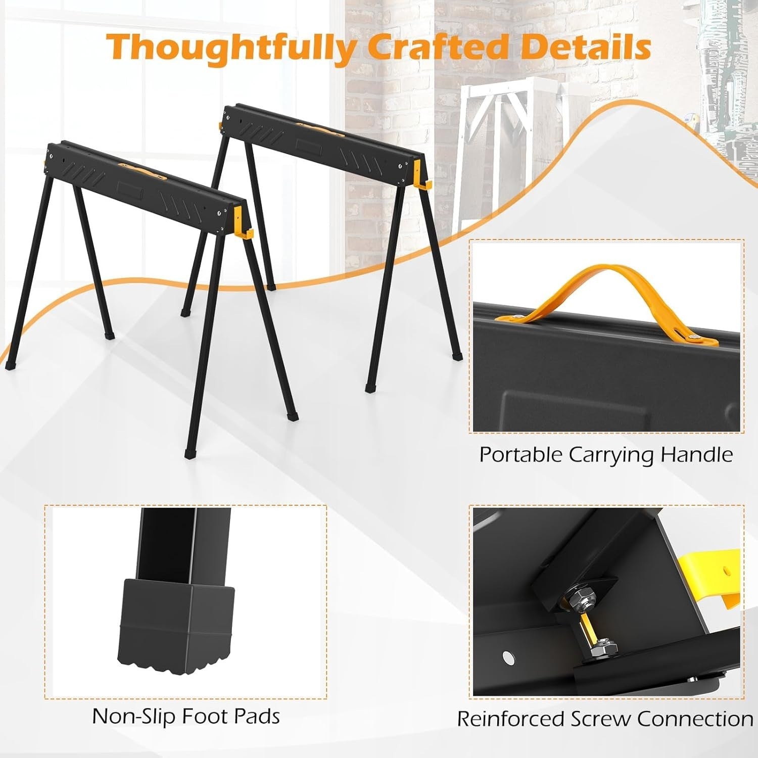 1000kg Folding Saw Horses Pair Heavy Duty Metal Trestles 2x4 Support Hooks