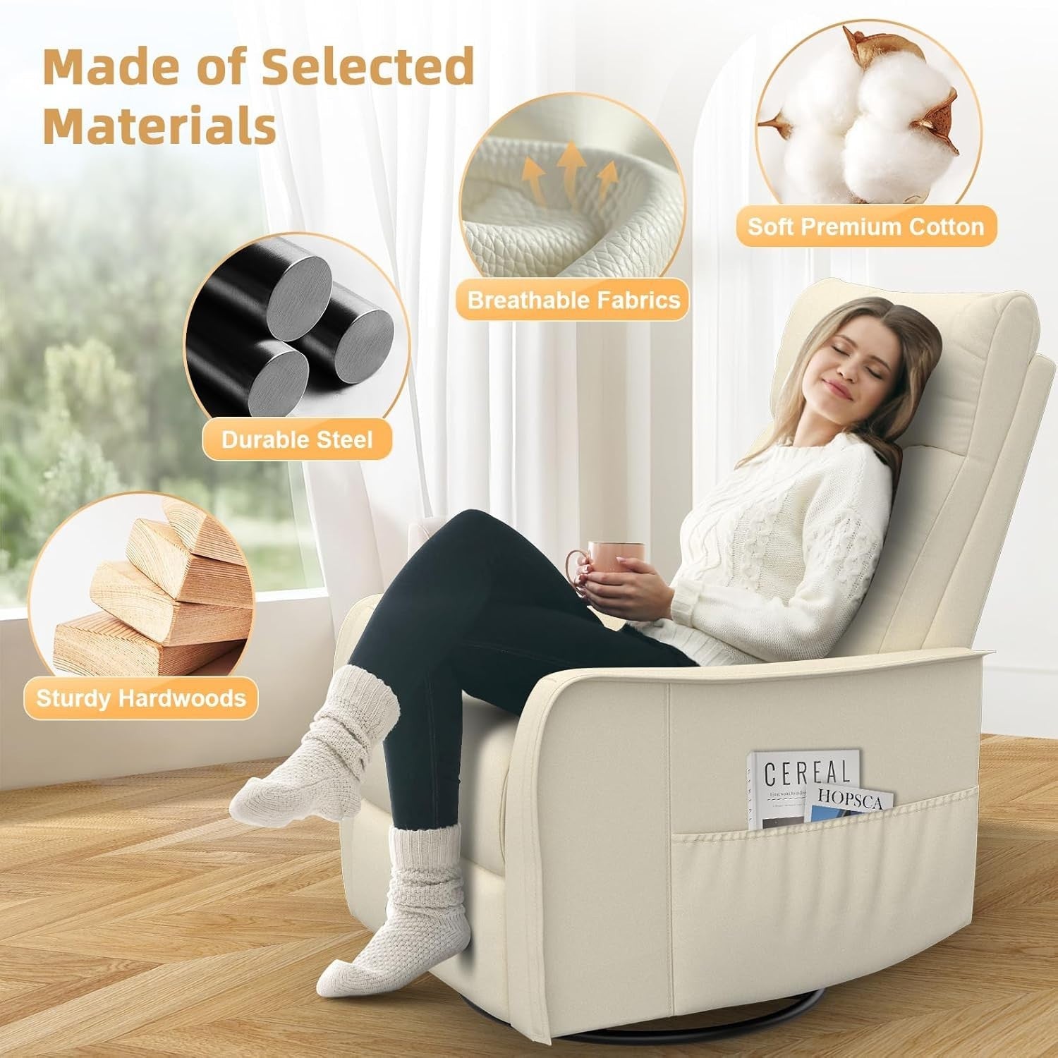 Swivel Rocking Recliner Chair Massage Heat 3-in-1 Footrest Dual Pockets Cream