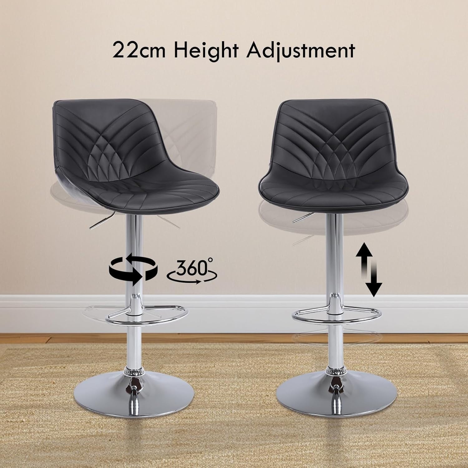 Adjustable Black Faux Leather Bar Stools Set of 2 Swivel Kitchen Counter