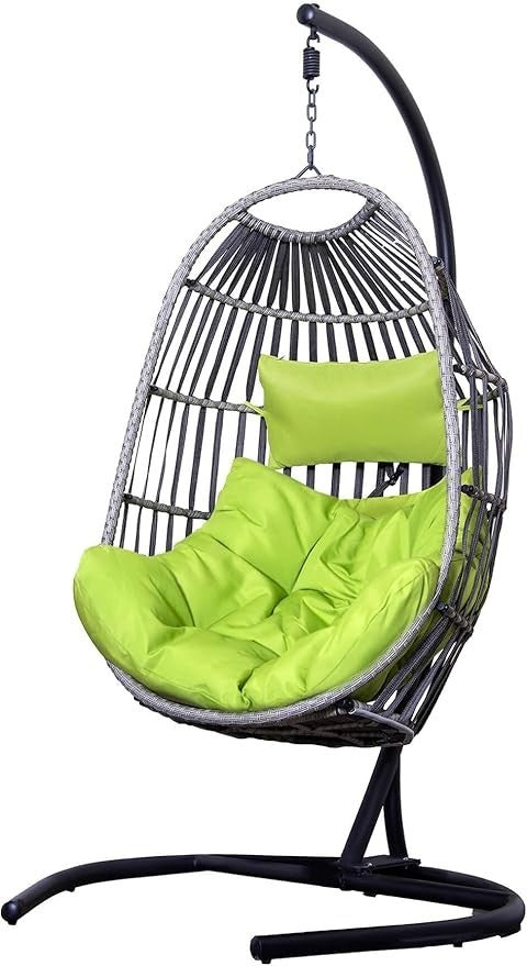 Hanging Egg Chair with Stand & Cushion | Grey Rattan | Indoor Outdoor Relaxation