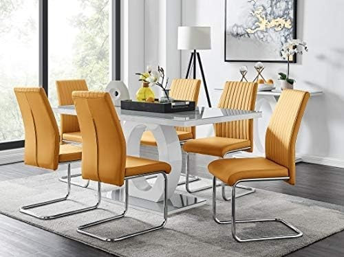 Modern Grey/White Glass Dining Table + 6 Mustard Chairs 160x90x76cm