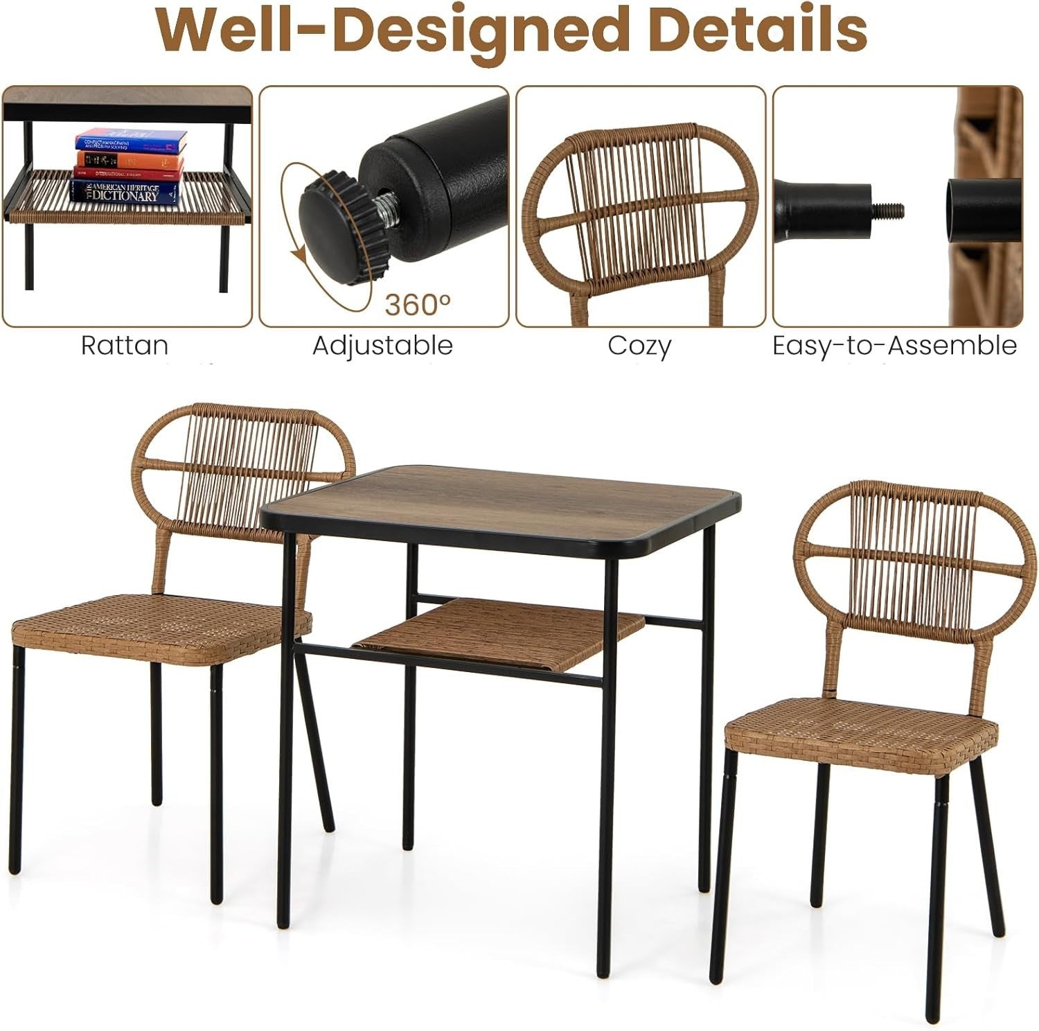 3 Piece Rattan Bistro Set Outdoor Table 2 Stackable Chairs Storage Shelf