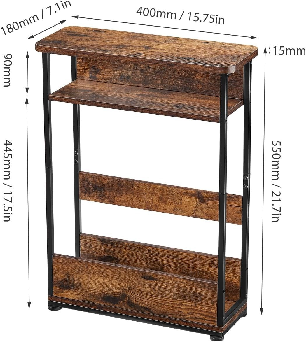 Narrow Rustic Brown Bedside Table 18x40x55cm, Storage Shelf, Slim Design