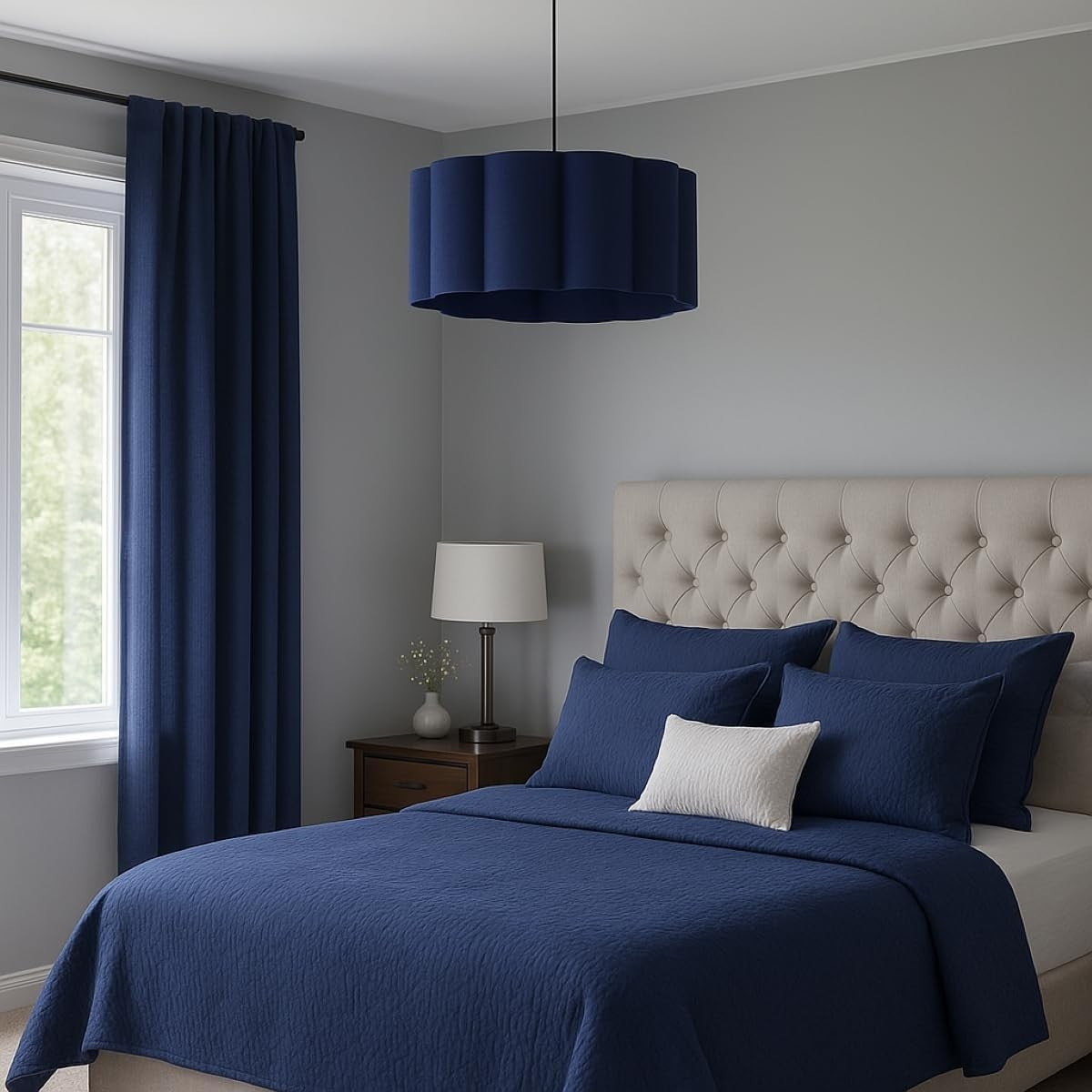 Navy Blue Scalloped Drum Lampshade 48cm Large Ceiling Pendant Light
