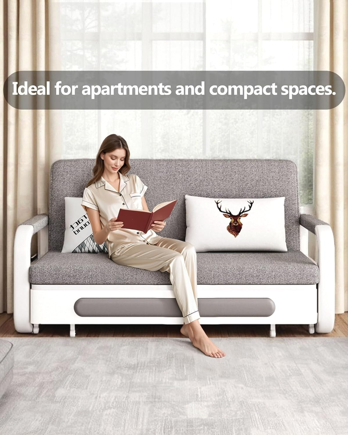 2 Seater Sofa Bed Grey Pull Out Double w/Storage Compact for Small Rooms