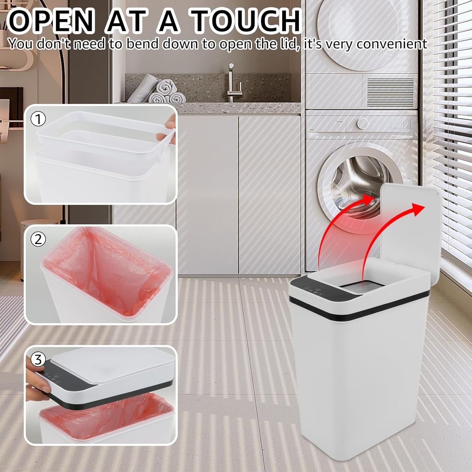 12L White Touchless Bathroom Sensor Bin Waterproof Slim Trash Can