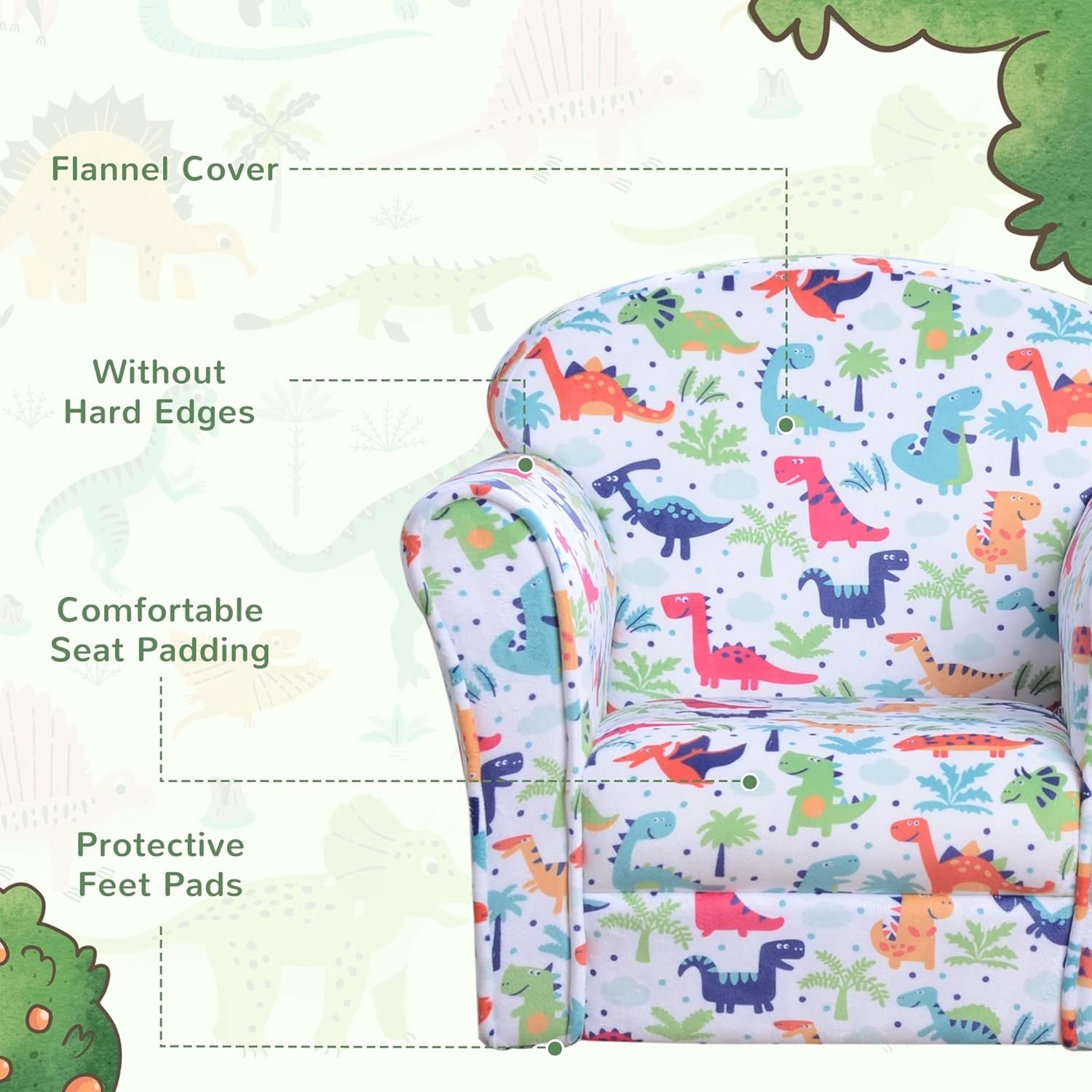 Kids Dinosaur Armchair Flannel Sofa Tub Chair Wooden Frame Bedroom