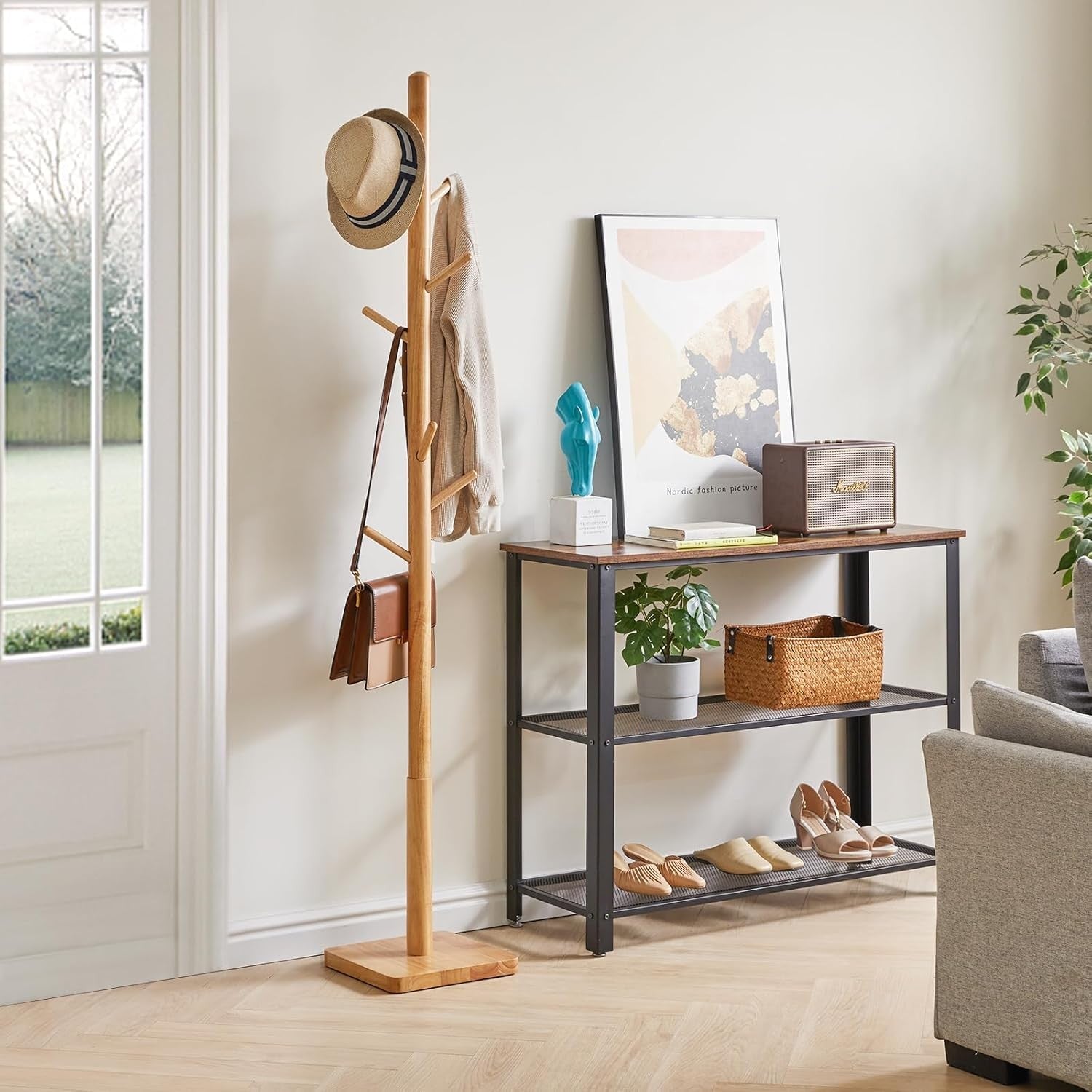 Natural Wooden Coat Rack Stand 8 Hooks 176cm Tall Hat Tree Organizer Modern