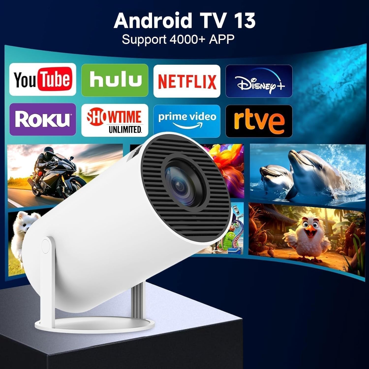 Android 13 Mini Projector WiFi 6 Bluetooth 4K Support Auto Keystone 130"