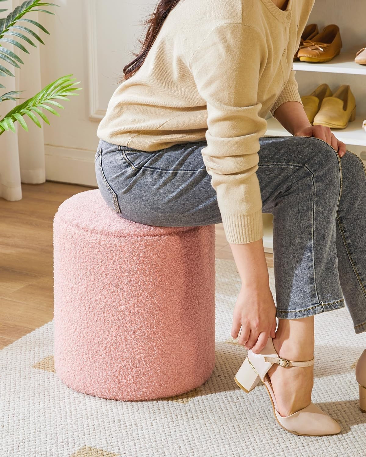 Set of 2 Round Storage Ottomans – Fleece Vanity Stools, Footrest & Side Tables
