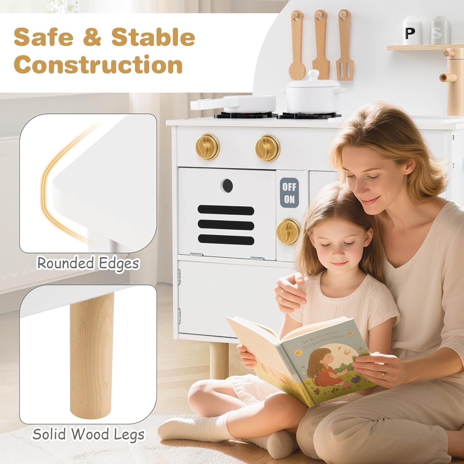 Kids Wooden Play Kitchen White Pretend Cooking Toy Set Accessories