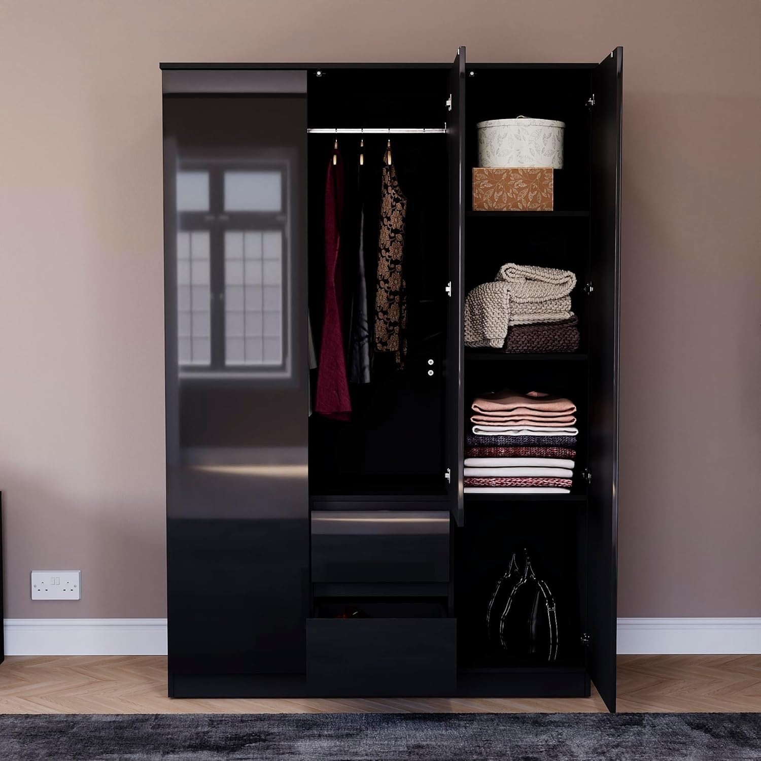High Gloss Black 3 Door Wardrobe with 2 Drawers - Modern Bedroom Storage