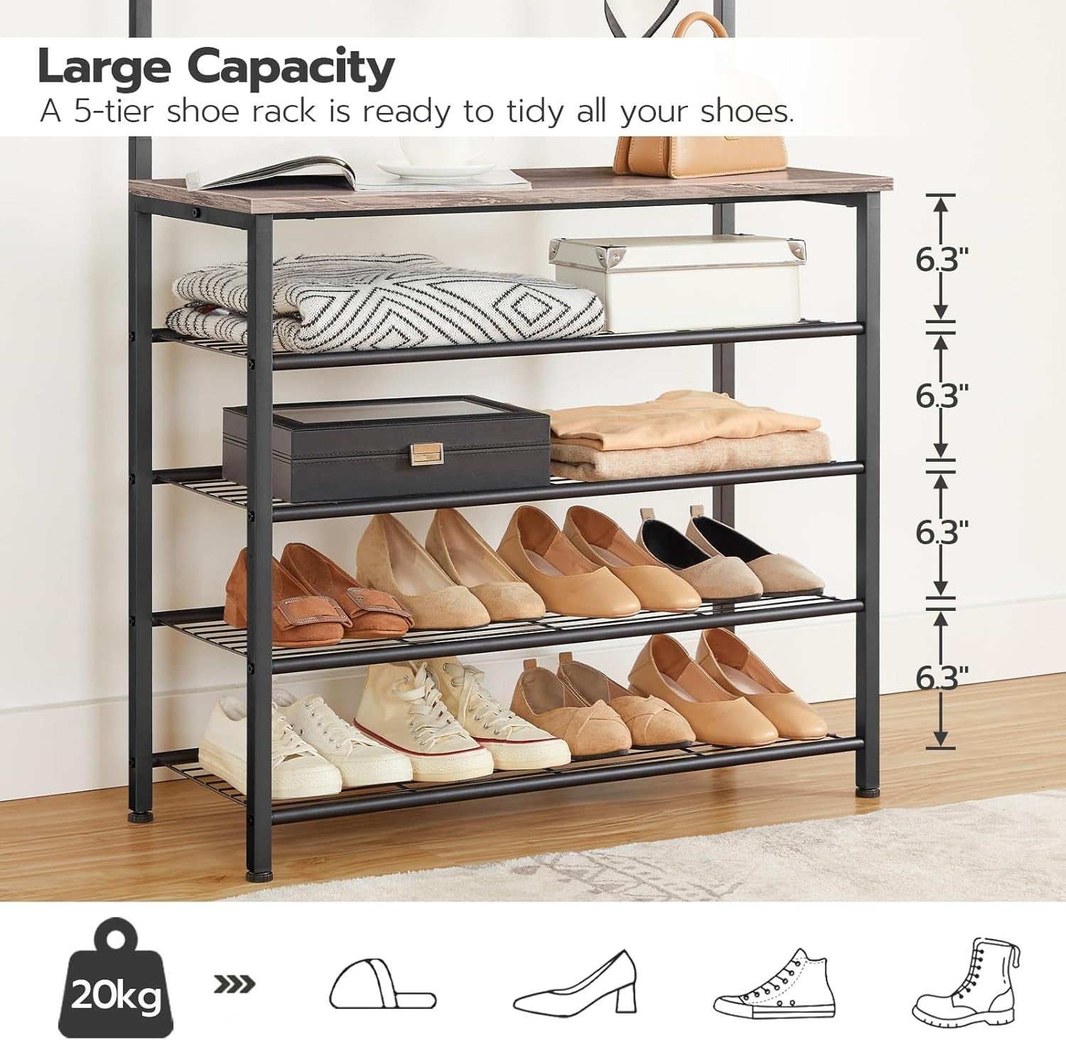 Freestanding Coat Rack with Shoe Storage – 9 Hooks Hall Tree 190cm