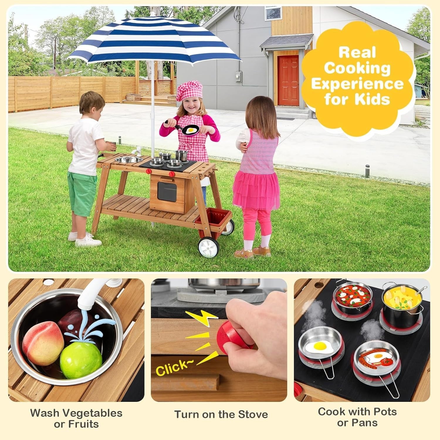 Wooden Mud Kitchen Outdoor Kids Cooking Cart Sink Umbrella Blue Toy