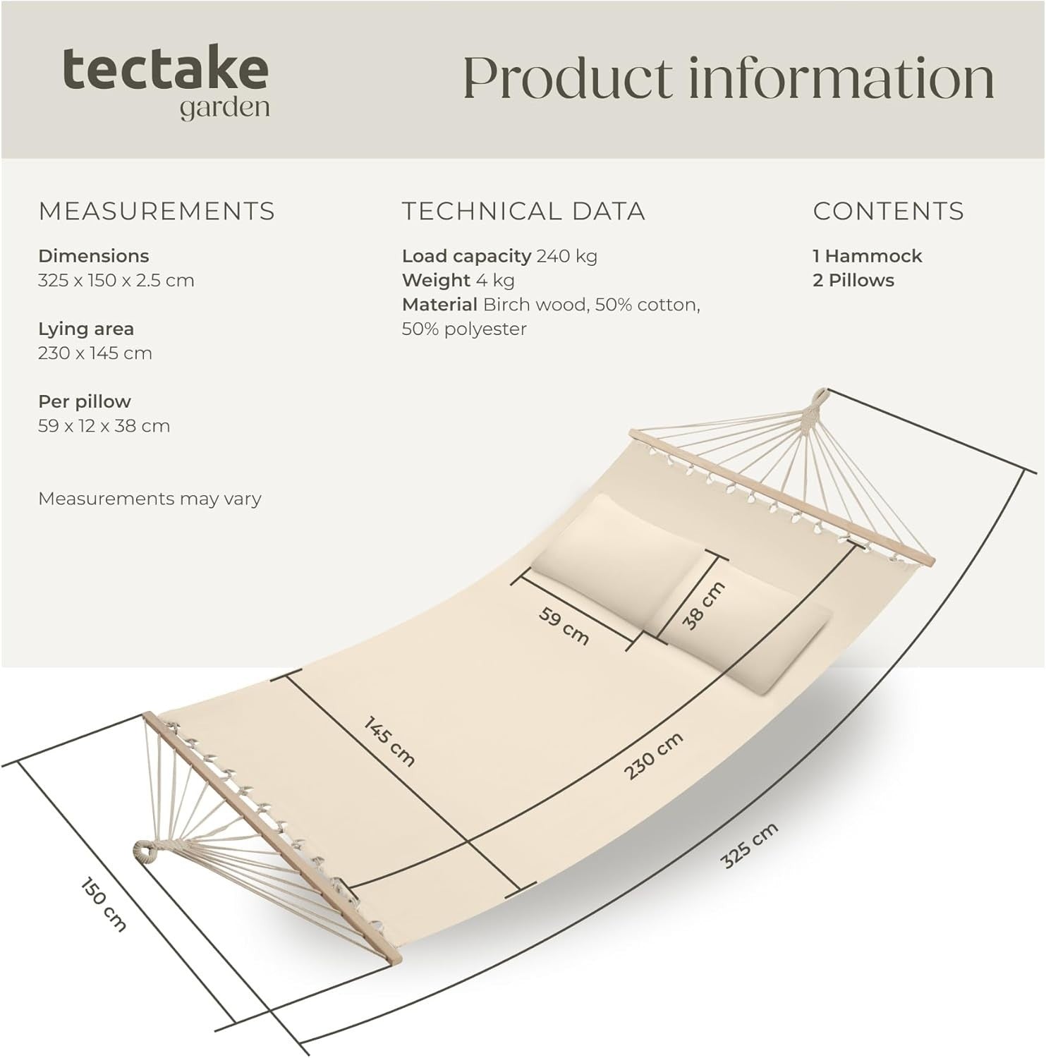 Beige Double Outdoor Hammock for 2 with Plush Pillows, Soft Cotton, 240kg Load