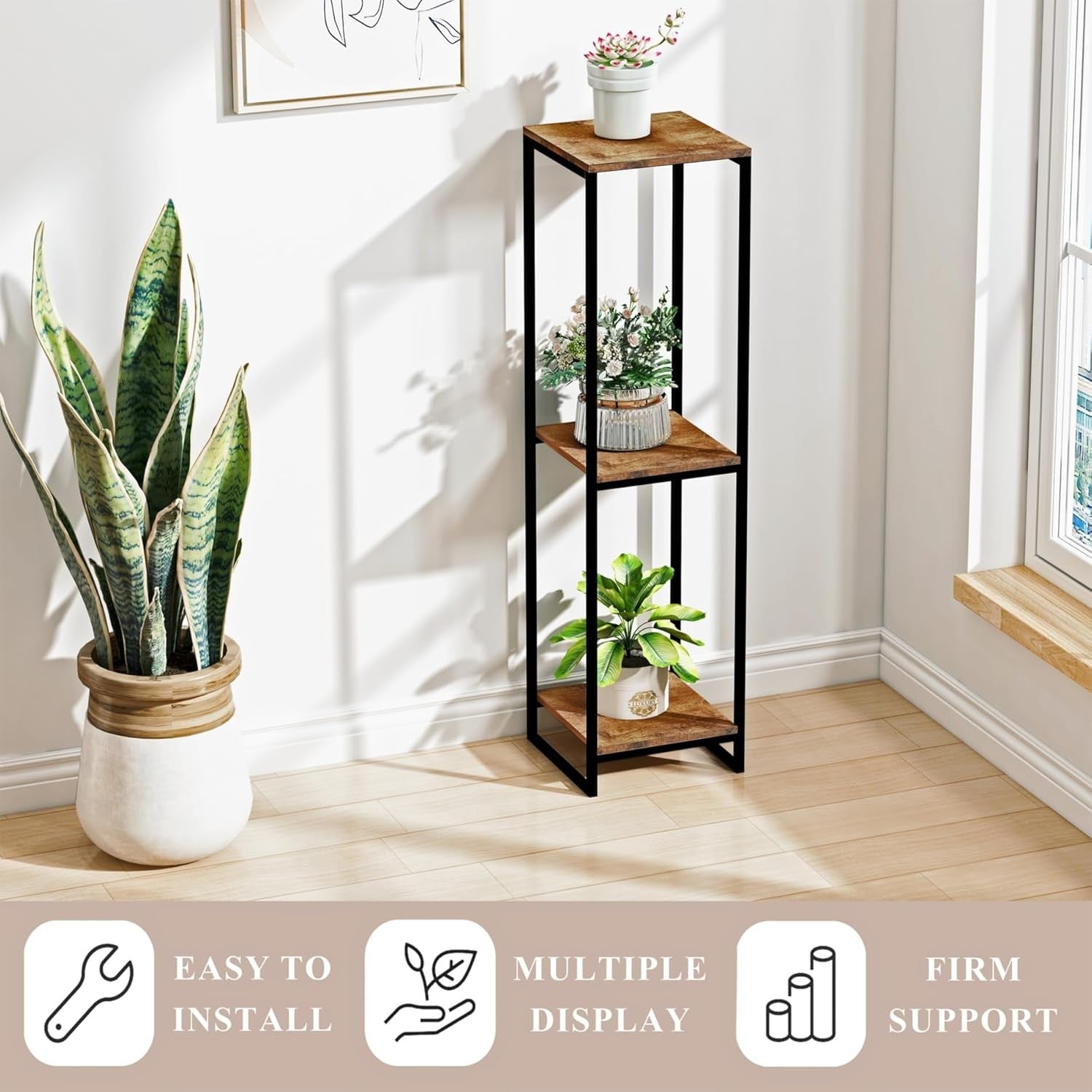 46" Tall 3 Tier Rustic Brown Plant Stand Indoor Modern Metal Flower Shelf
