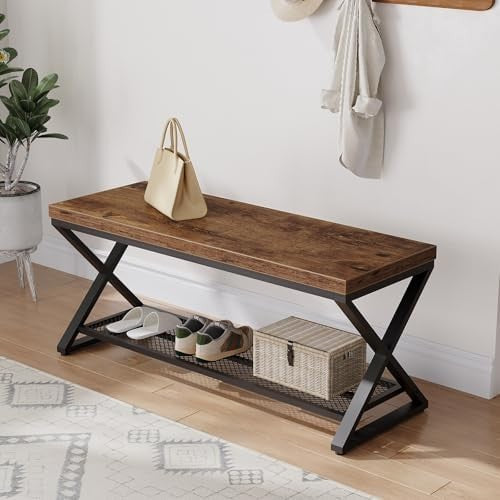 Rustic Brown Industrial Entryway Shoe Storage Bench Metal Frame Seat 99x36x46cm