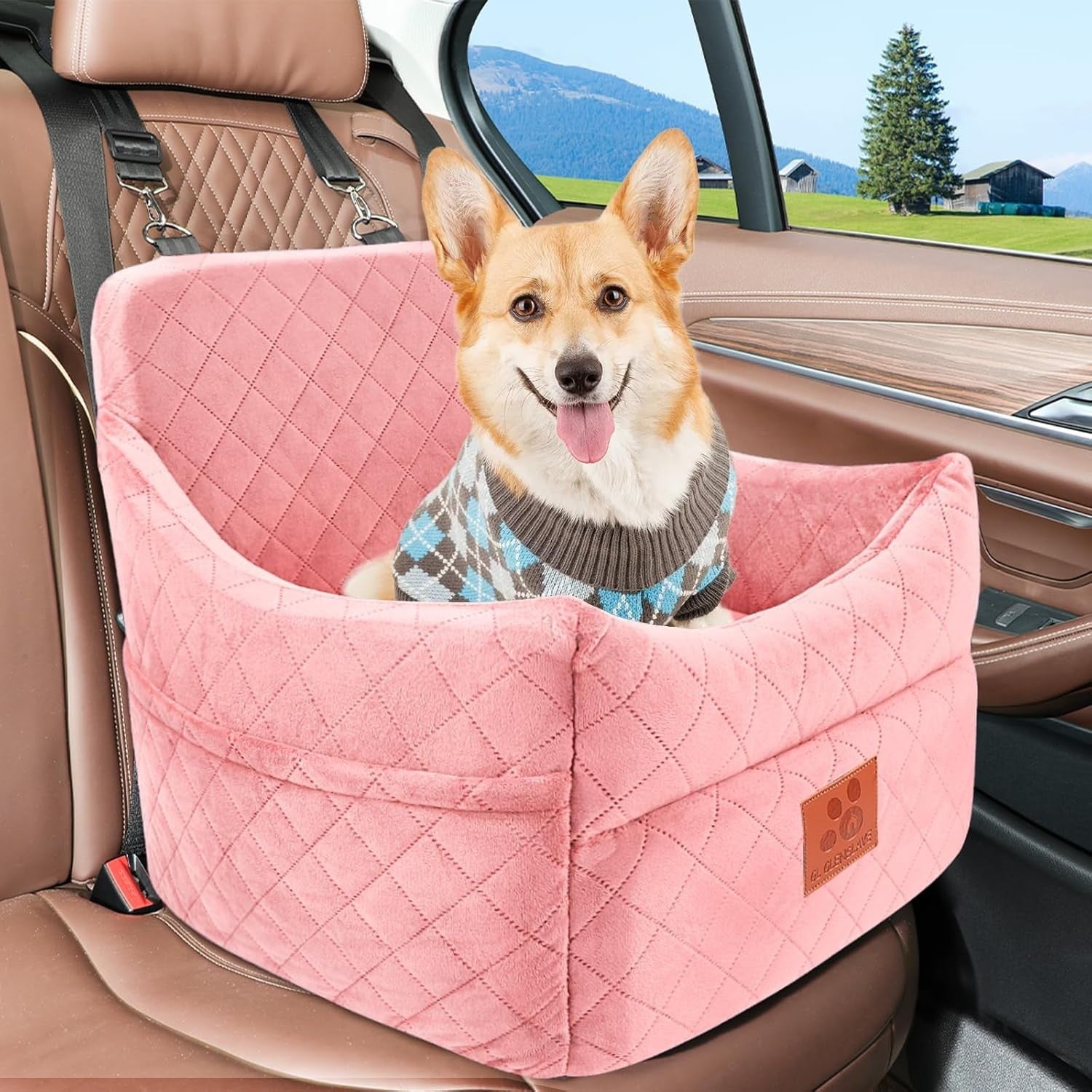 Memory Foam Dog Car Booster Seat Washable Travel Bed 2 Safety Belts