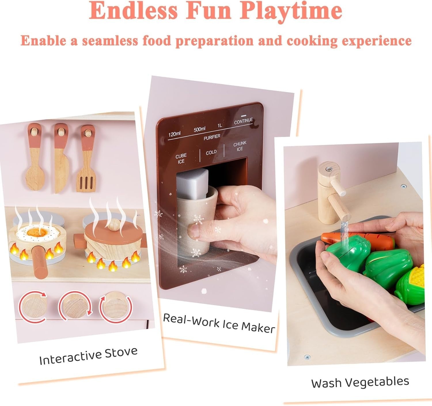 Wooden Kids Play Kitchen Pink w/ Ice Maker Sink Accessories Set