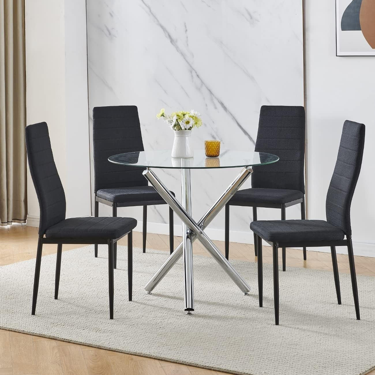 Modern Round Glass Dining Table with 4 Black Linen Chairs – Small Space Set
