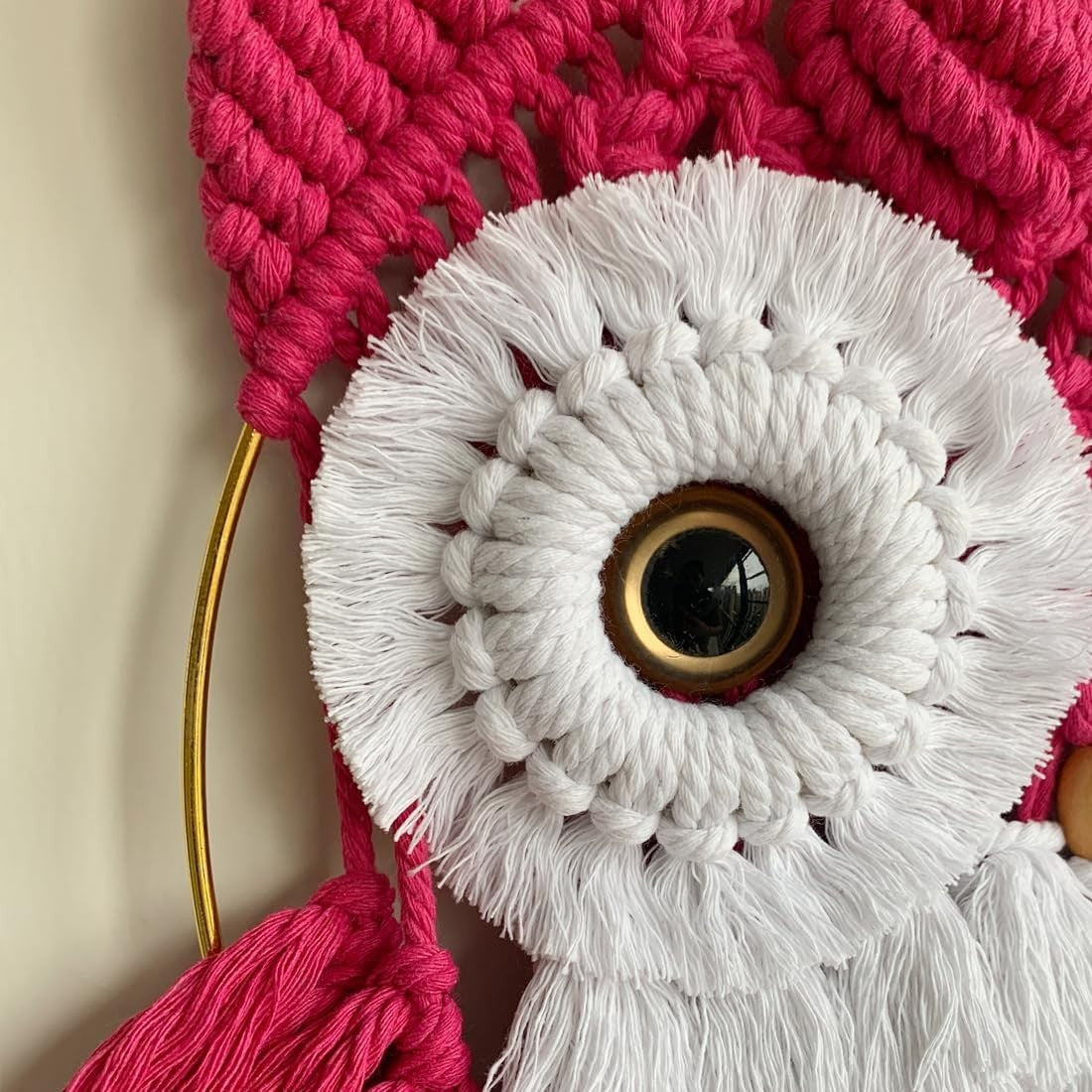Fuchsia Macrame Owl Wall Hanging Boho Fiber Art Home Decor