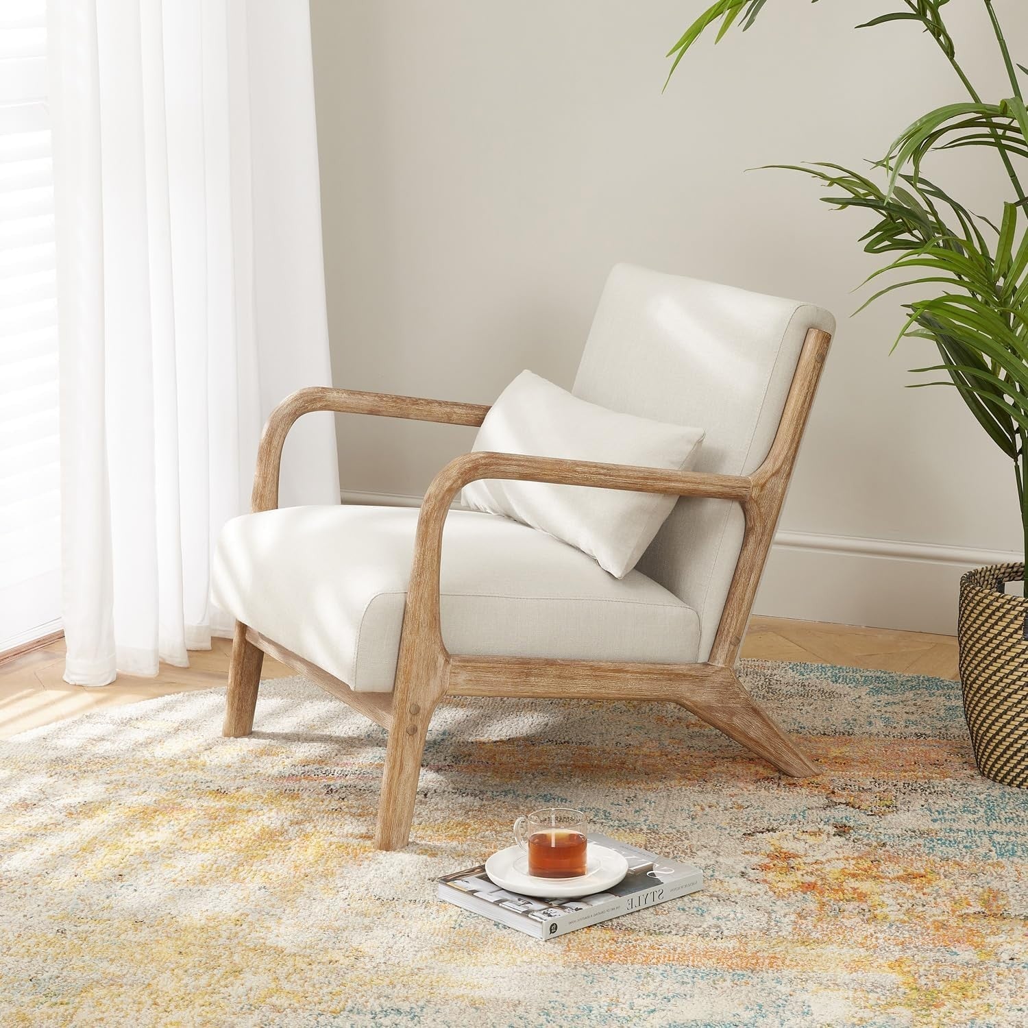 Scandi Oak Armchair Linen Cushion Lounge Chair Mid Century Boho Seat