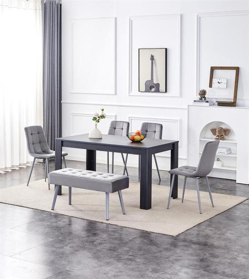 6 Seater Grey Velvet Dining Table Set with Bench & 4 Chairs Wood Frame