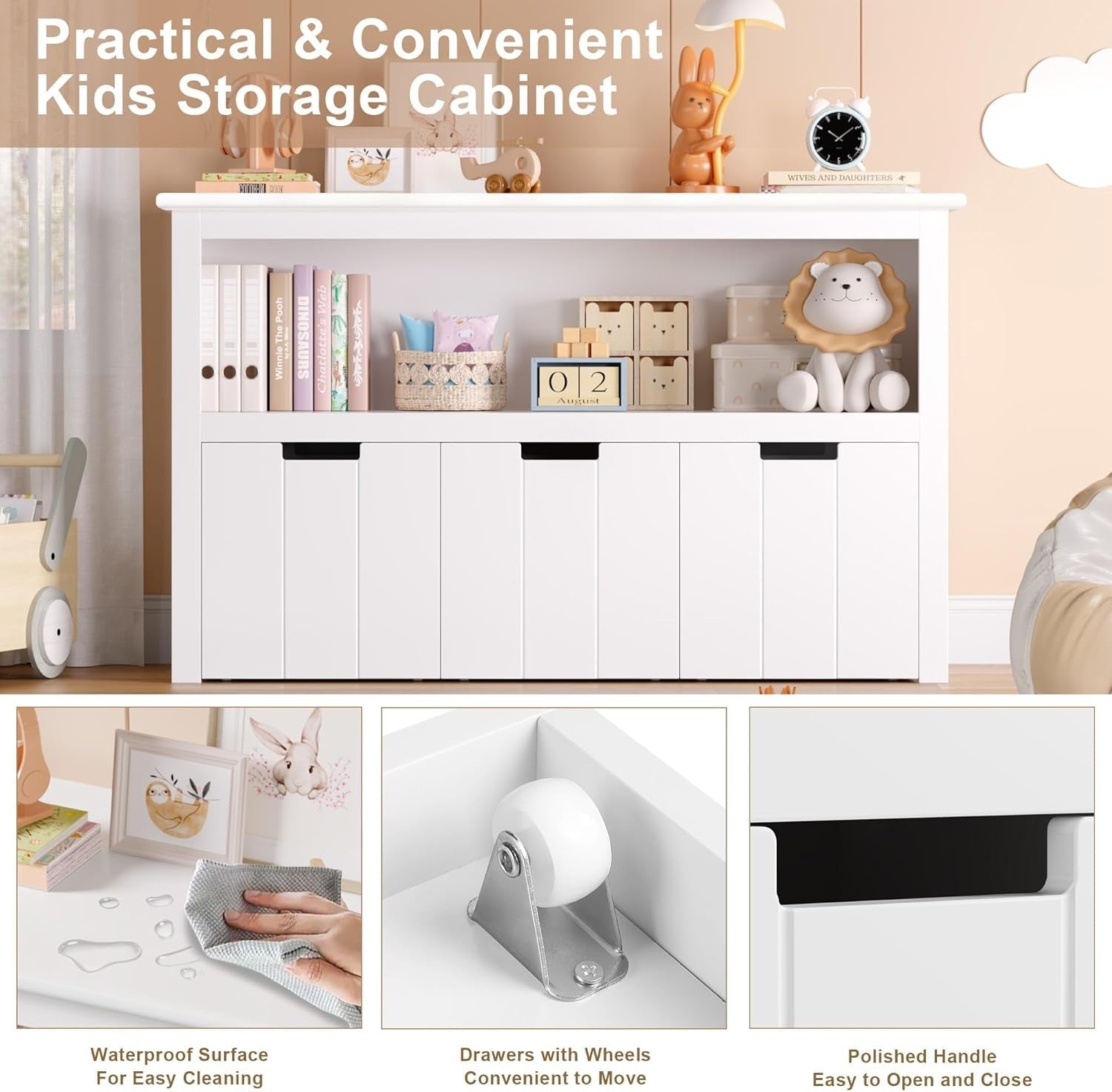 White Kids Toy Storage Cabinet w/ Wheels – 3 Drawer Bookcase 102x62cm