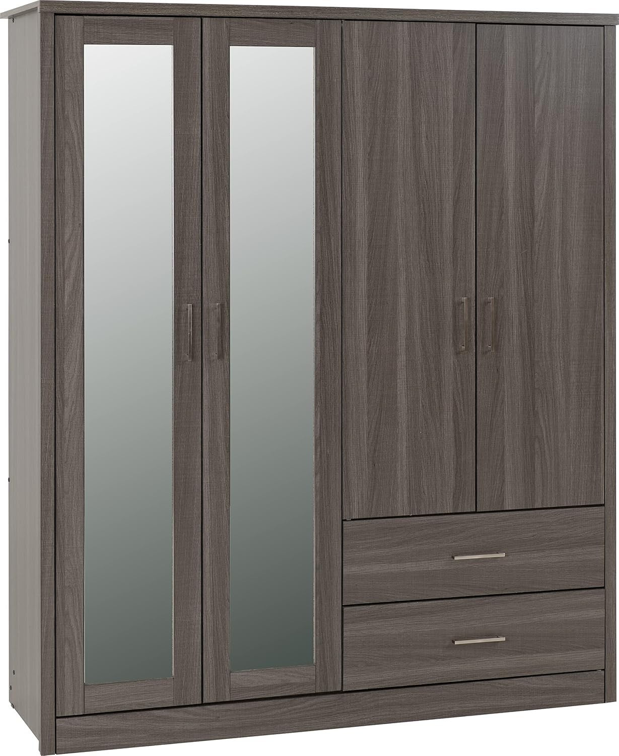 Black Wood 4 Door Wardrobe with Mirror & Drawers Modern Storage Unit
