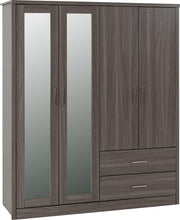 Black Wood 4 Door Wardrobe with Mirror & Drawers Modern Storage Unit