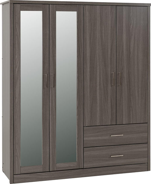 Black Wood 4 Door Wardrobe with Mirror & Drawers Modern Storage Unit