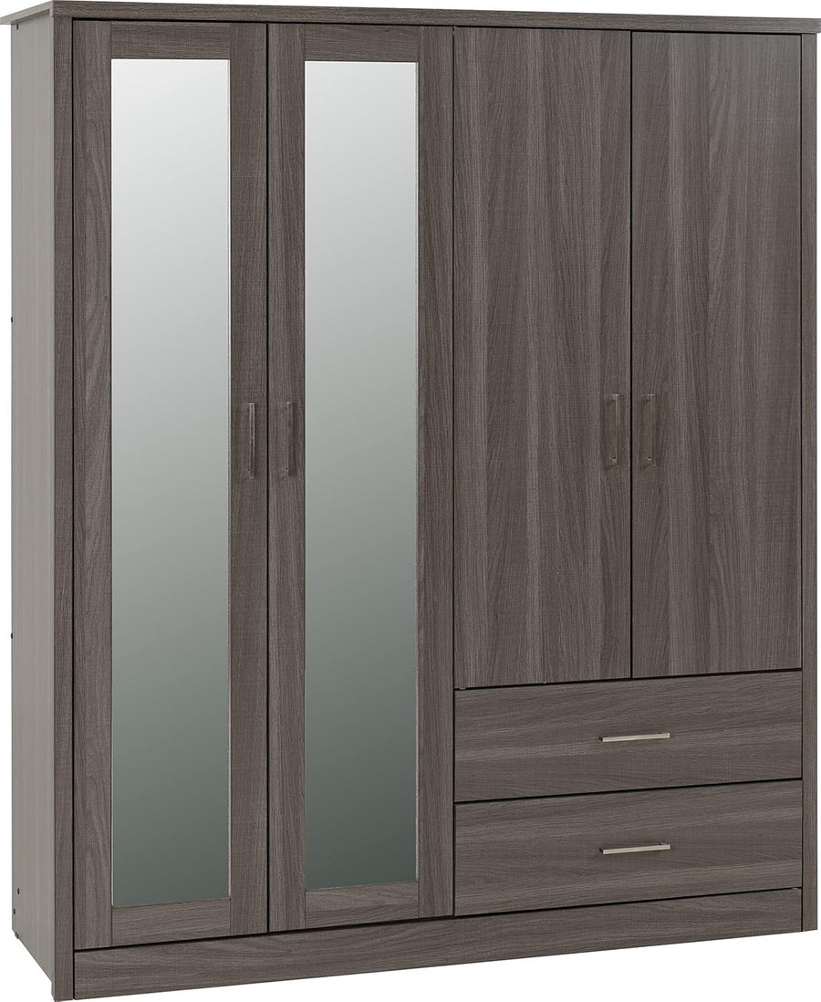 Black Wood 4 Door Wardrobe with Mirror & Drawers Modern Storage Unit