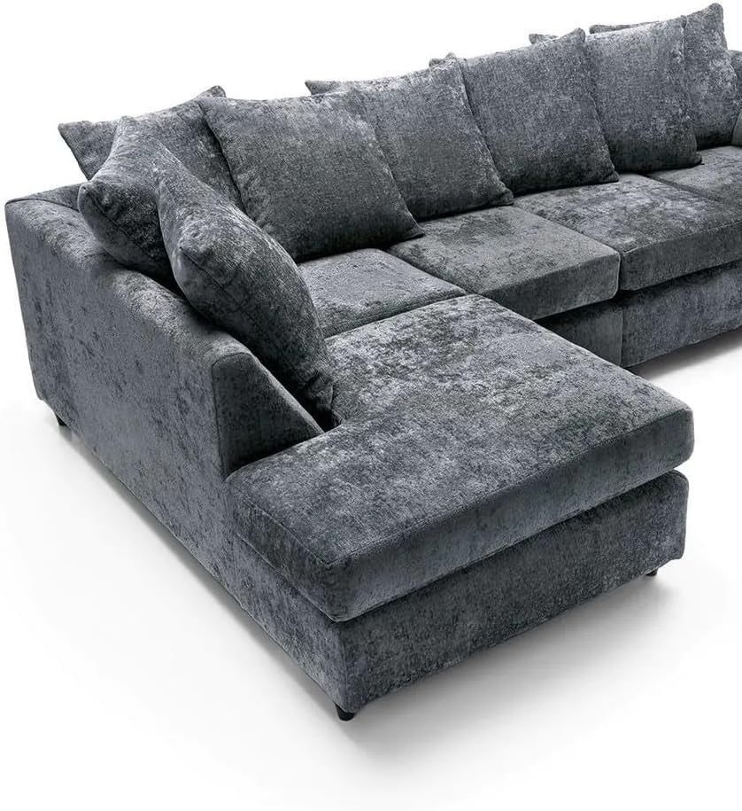 5 Seater Grey Chenille Corner Sofa – L Shape, Scatter Back, Comfy & Washable