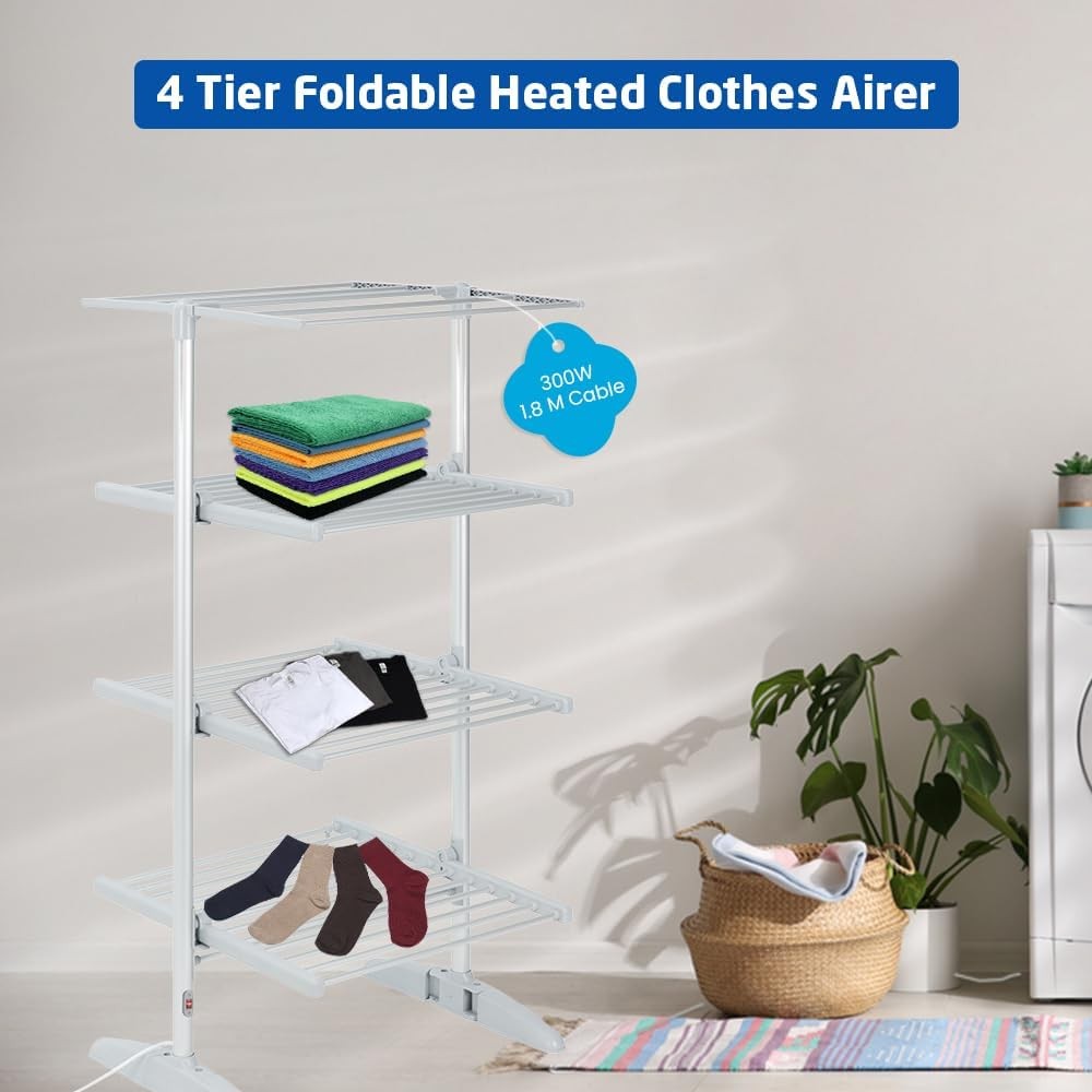 4 Tier Electric Heated Clothes Airer Folding Dryer Rack 300W Indoor Outdoor