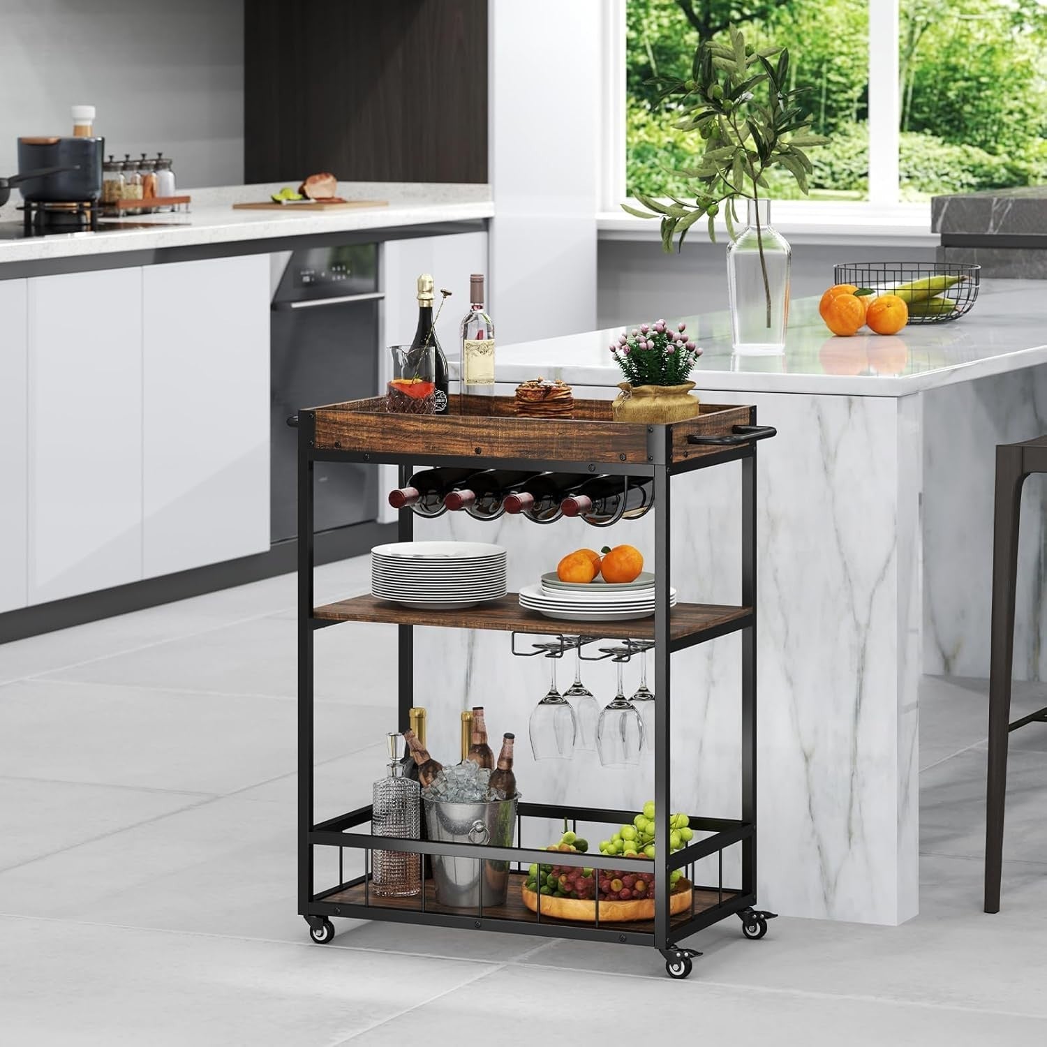 Industrial 3 Tier Bar Cart Wine Rack Glass Holder Trolley