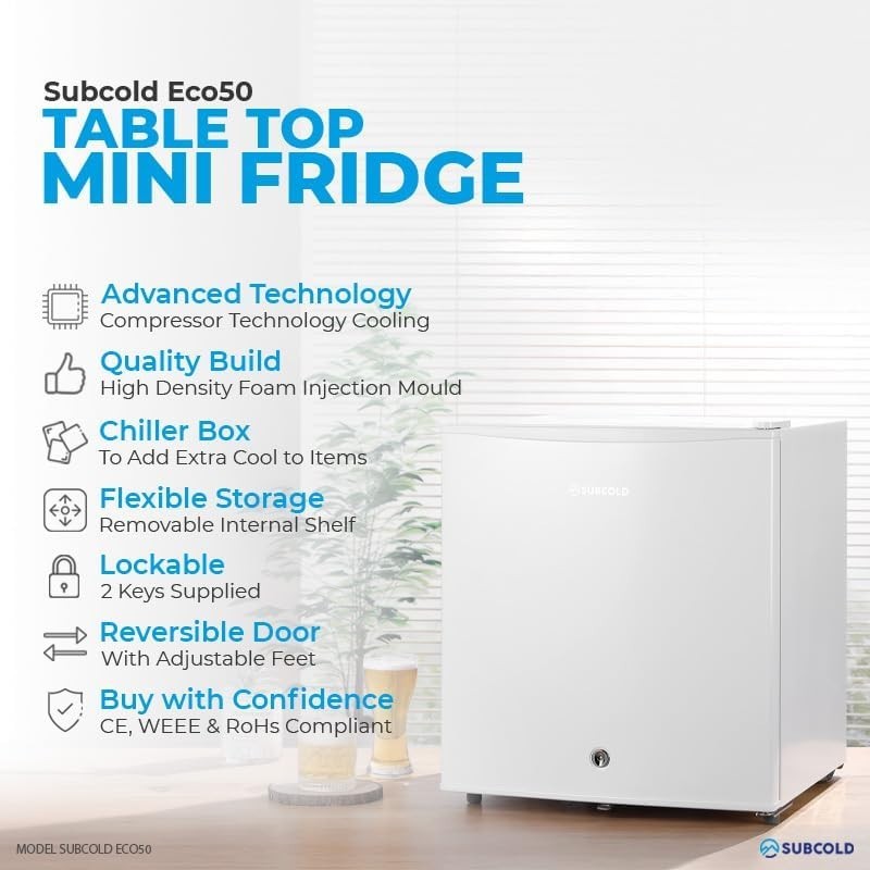 45L Mini Fridge Tabletop Lock & Key Low Noise White