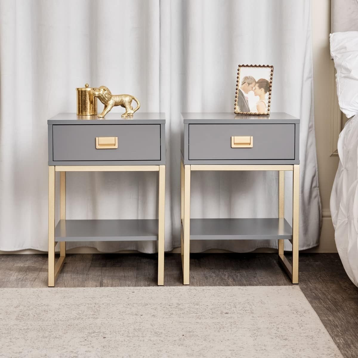 Pair of Grey Bedside Tables with Drawer & Gold Legs – Modern Slate Nightstands