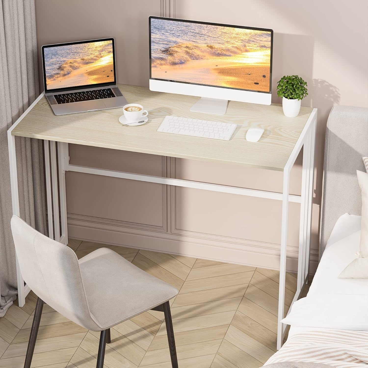 Folding Computer Desk 100x50cm No Assembly Study Writing Table Beige