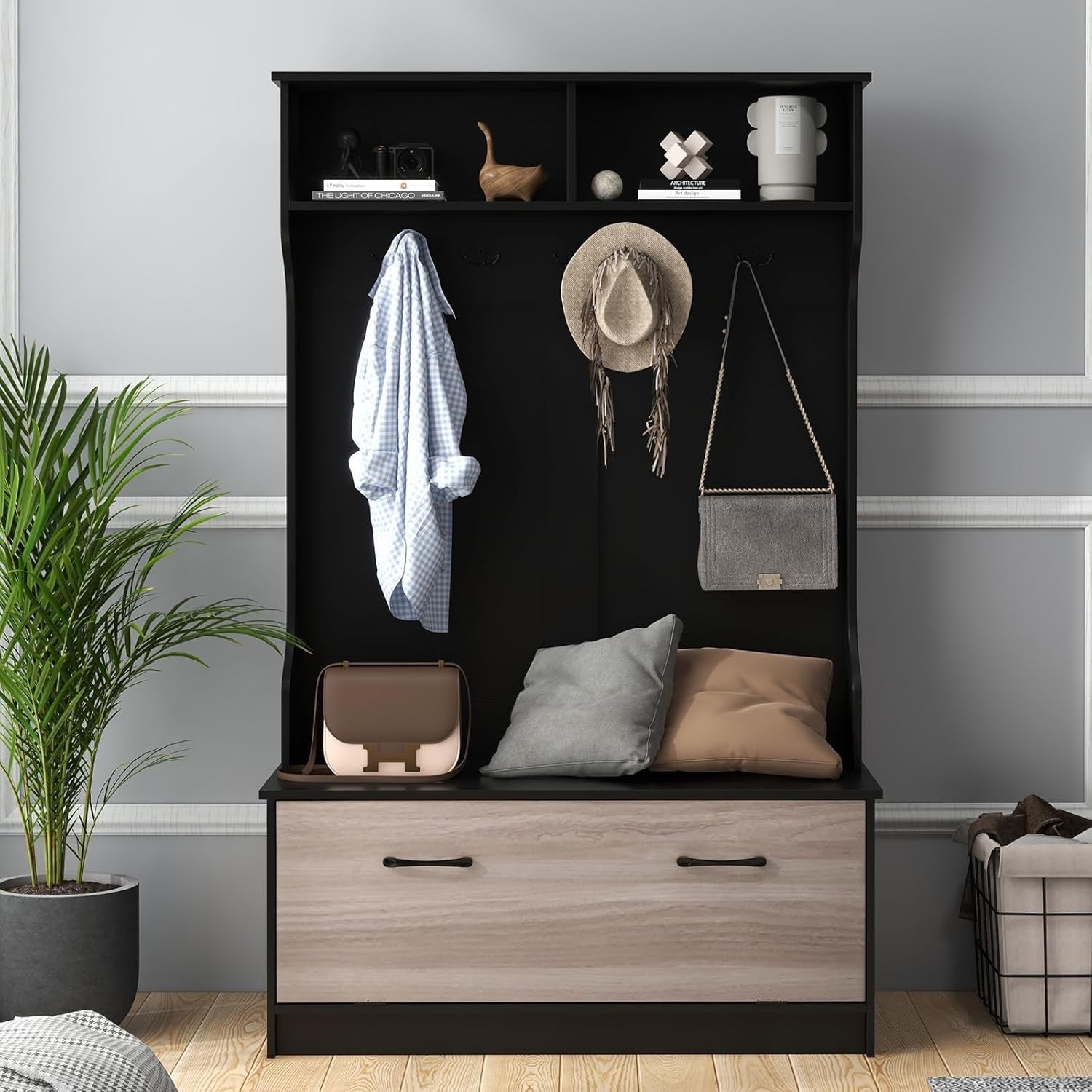 Black Hall Tree Coat Rack with Shoe Bench & Shelves Freestanding Entryway Unit