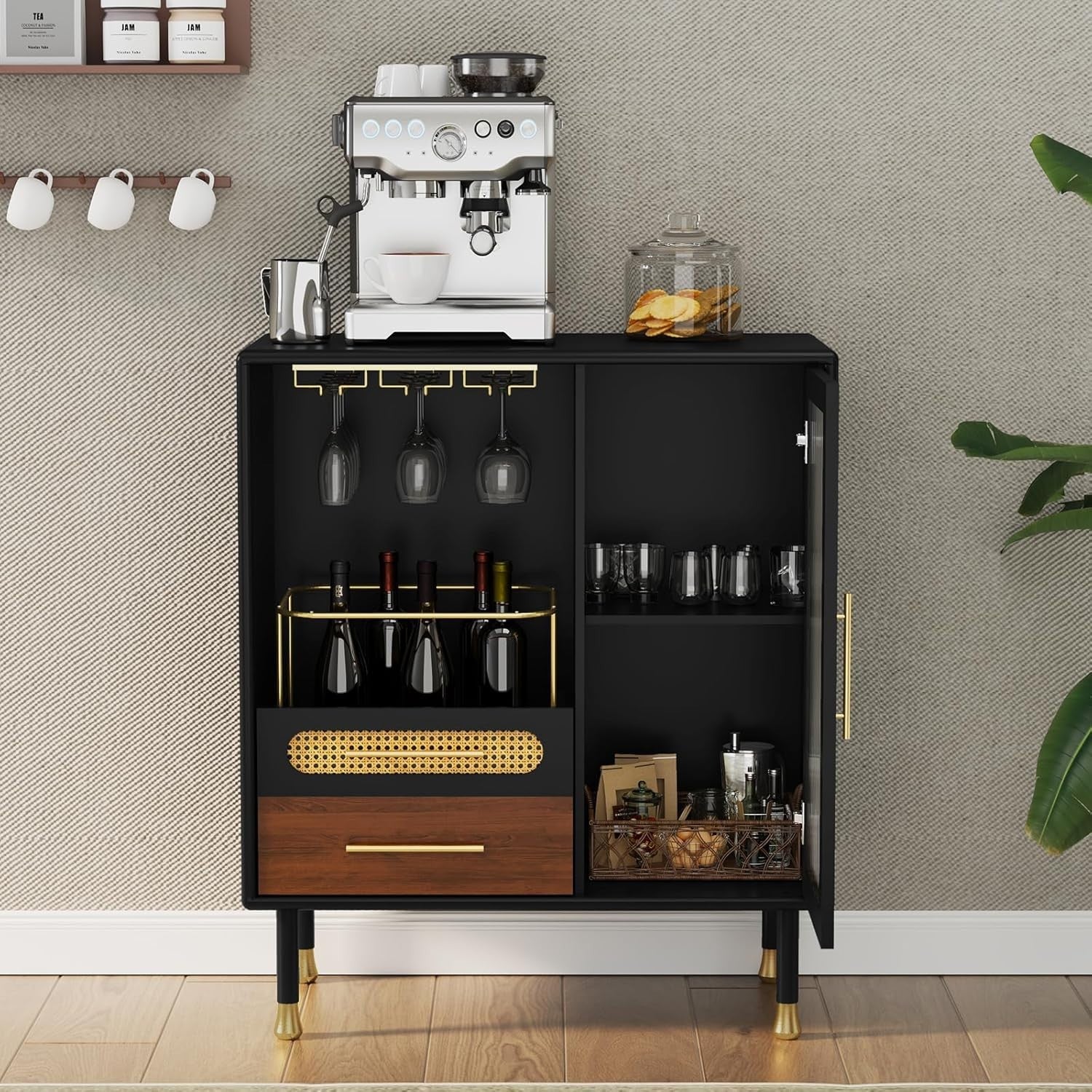 Modern Drinks Cabinet Black Sideboard Bar Unit with Wine Glass Rack & Drawers