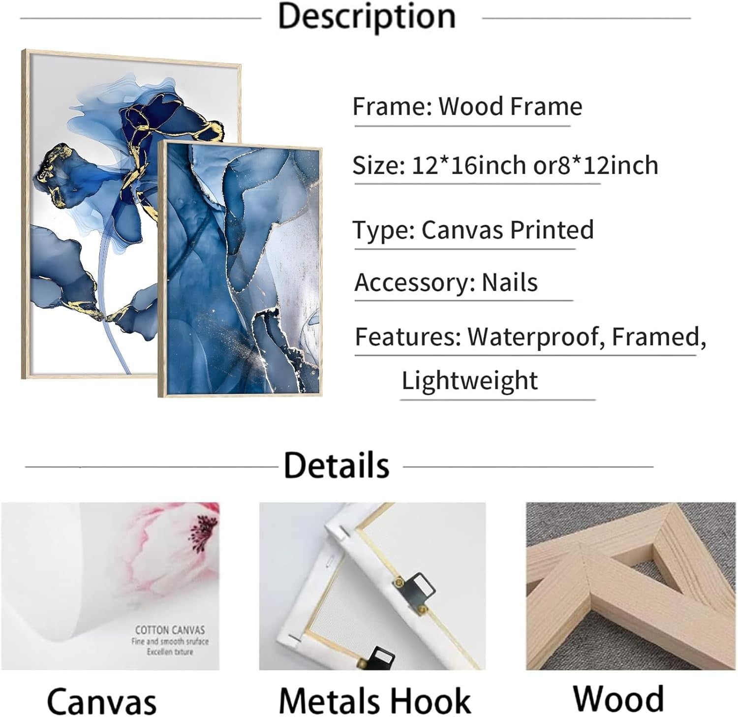 Blue Gold Floral Canvas Wall Art Set 6Pcs Framed 12x16in