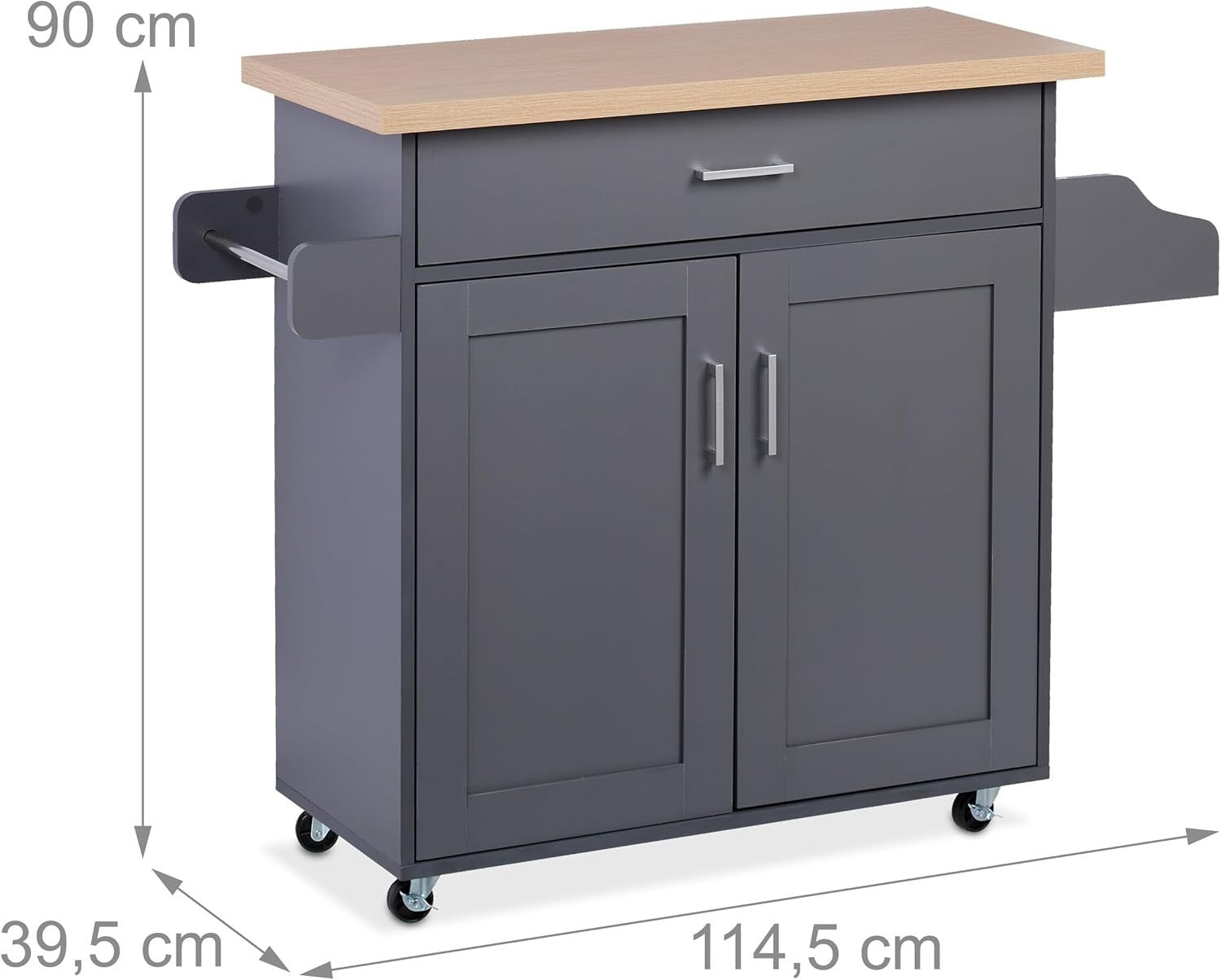 Grey Kitchen Trolley with Worktop, Drawer, Spice Rack & Storage 114x39x90cm