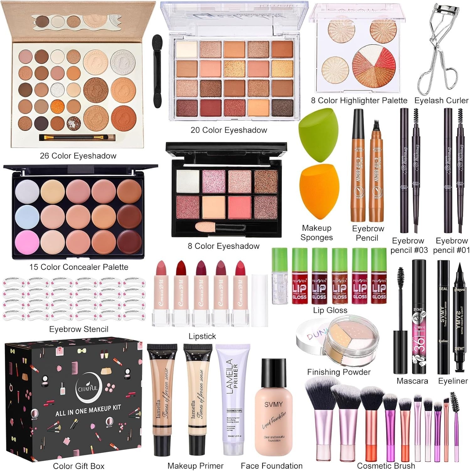 50PCS All-in-One Makeup Kit – Eyeshadow, Lipstick, Brushes & More