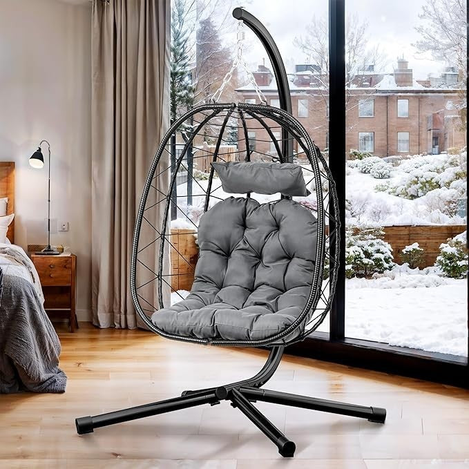 Luxury Rattan Egg Chair with Stand Outdoor Indoor Swing Seat Cushions 195cm