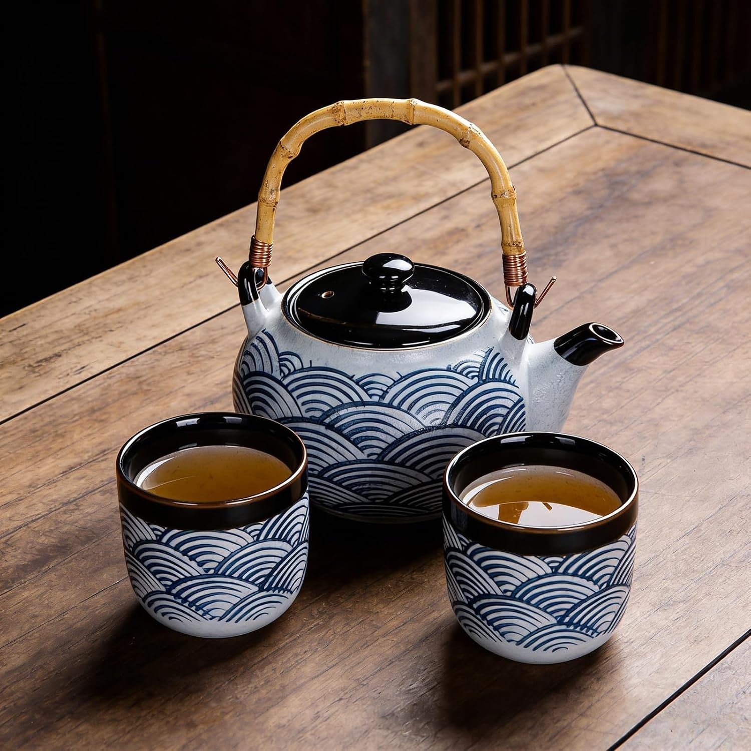 Chinese Tea Set Blue Ceramic Teapot 2 Cups Loose Leaf Tea Gift Set